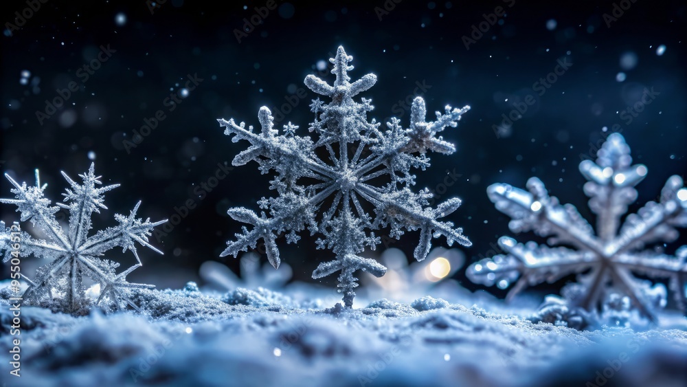 Frosted snowflakes delicately dance against a dark, mysterious black background, creating a serene, peaceful, and elegant winter wonderland scene, evoking a sense of calm and tranquility. Frosted snowflakes delicately dance against a dark, mysterious black background, creating a serene, peaceful, and elegant winter wonderland scene, evoking a sense of calm and tranquility.