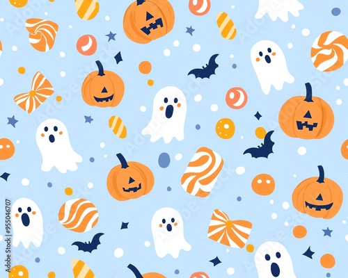 Cute Halloween seamless pattern with pumpkins, ghosts, candy, and bats on blue background