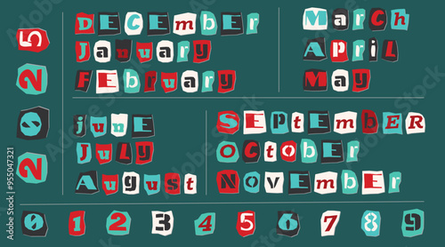 Set of cut newspapers magazines and paper vintage colorful words. Calendar diary theme - Happy New Year, season, 2025, month, number. Trendy elements for collage and clip art. Vector illustrations.