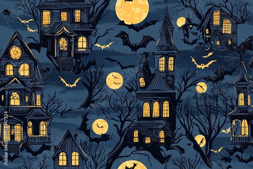 Spooky Halloween pattern with haunted houses, bats, and full moons.