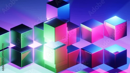 Many multi-colored cubes, the camera flies around them 360. Green red blue purple color. Background,