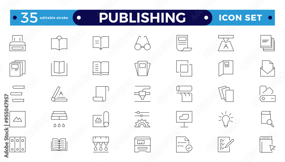 Publishing Outline icon. Flyer Brochure line icon set. letterhead, booklet, leaflet, corporate catalog, envelope. Editable stroke outline icon.