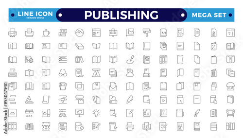 Publishing Outline icon. Flyer Brochure line icon set. letterhead, booklet, leaflet, corporate catalog, envelope. Editable stroke outline icon.