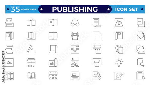 Publishing Outline icon. Flyer Brochure line icon set. letterhead, booklet, leaflet, corporate catalog, envelope. Editable stroke outline icon.
