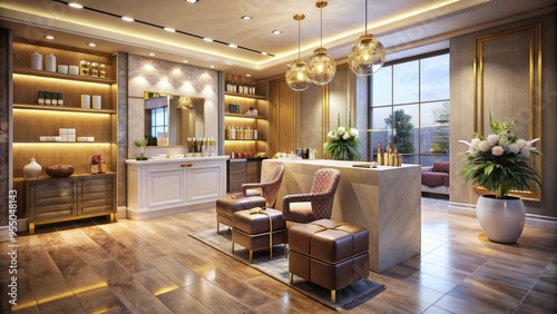 Glamorous beauty salon interior with elegant decor, spa ambiance, and gift vouchers on counter, inviting relaxation and rejuvenation for body and mind.