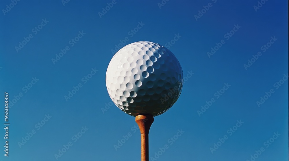 A golf ball on a tee, viewed from below against a bright blue sky, emphasizing anticipation and preparation. - A golf ball on a tee, viewed from below against a bright blue sky, emphasizing anticipation and preparation. -
