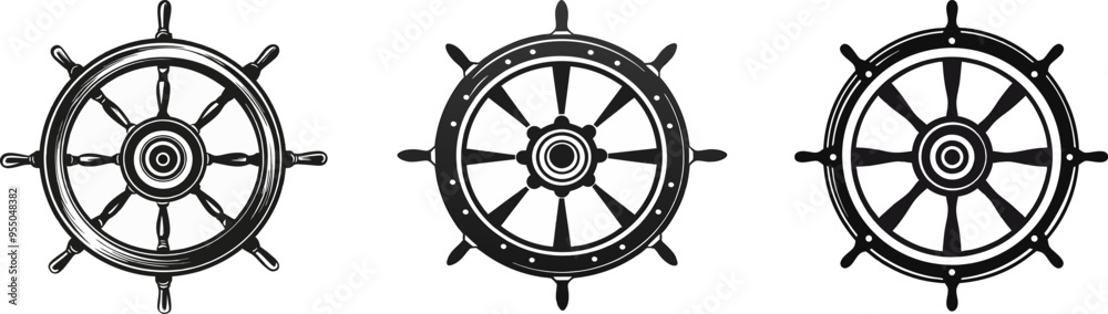 Obraz premium Grayscale Ship Steering Wheel Vector Icons Set