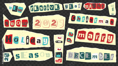 Set of cut newspapers magazines and paper vintage colorful words. New Year theme - Happy marry Christmas, winter, season, 2025, snow. Trendy elements for collage and clip art. Vector illustrations.