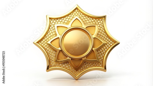 Glossy gold badge in a unique abstract shape with intricate details and a modern design, isolated on a white background with a subtle gradient.