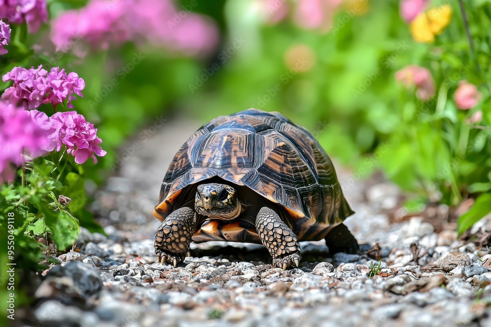 Tortoise Walking on a Gravel Path with Flowers in the Background Tortoise Walking on a Gravel Path with Flowers in the Background