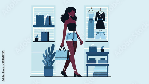 Chic Black Woman Shopping in Stylish Dresses - Dynamic Vector Illustration