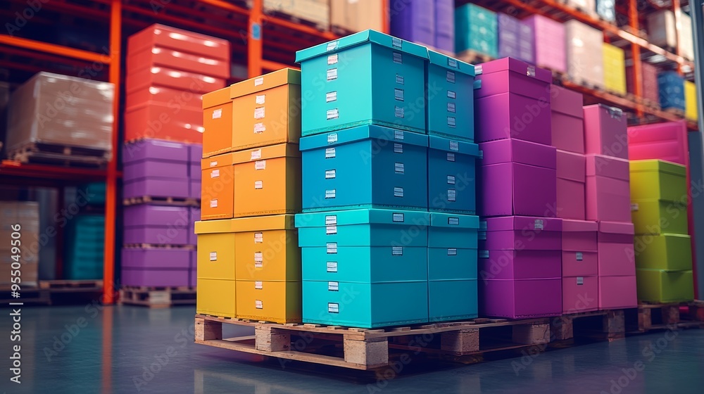A pallet stacked with vibrant, colorful boxes, each representing different product types in a diverse inventory, set in a modern warehouse environment A pallet stacked with vibrant, colorful boxes, each representing different product types in a diverse inventory, set in a modern warehouse environment