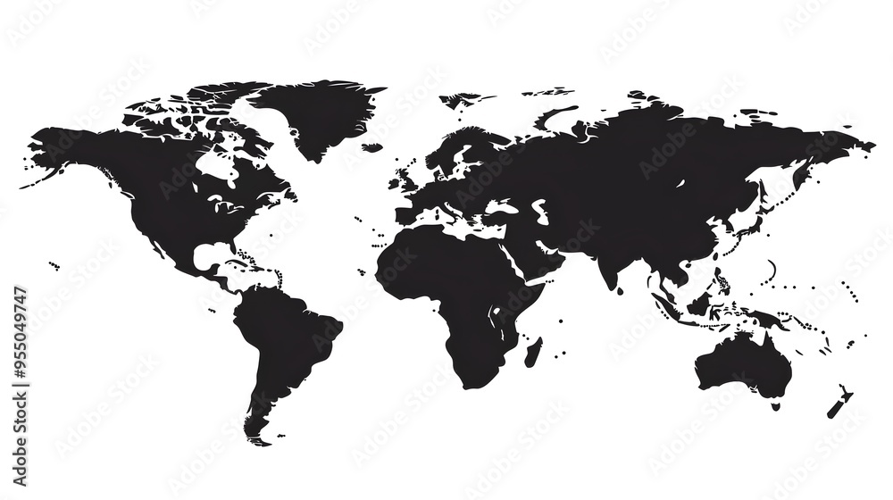 Detailed World Map with Black Continents on White Background for Customization Detailed World Map with Black Continents on White Background for Customization