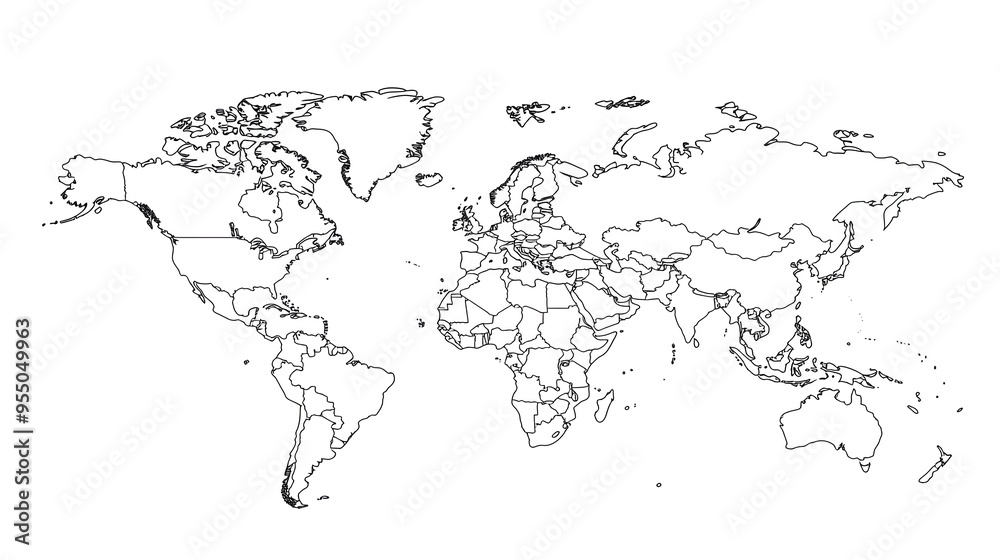 Clean and Minimalist Outlined World Map on White Background Clean and Minimalist Outlined World Map on White Background