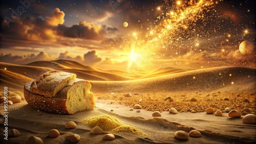 Golden light illuminates a mystical desert landscape with scattered, shimmering bread-like flakes, evoking the biblical story of divine sustenance in the wilderness.