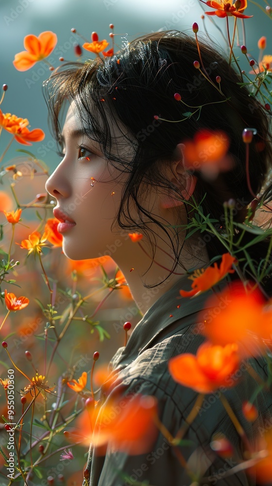 Naklejka premium A young woman with long black hair stands in a field of orange flowers, looking to the side.