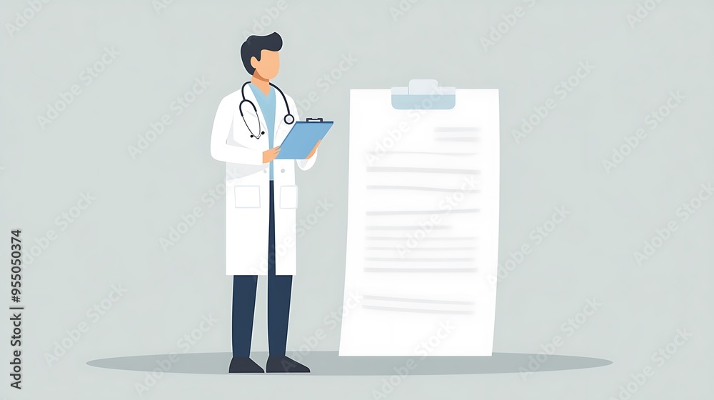 Modern Vector Illustration of Doctor with Stethoscope and Medical Report in Minimalistic Style Modern Vector Illustration of Doctor with Stethoscope and Medical Report in Minimalistic Style