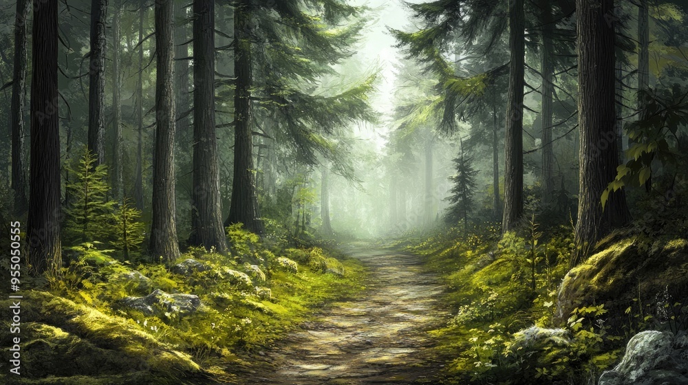 Obraz premium A misty forest path surrounded by towering trees, representing a mysterious and enchanting natural setting.
