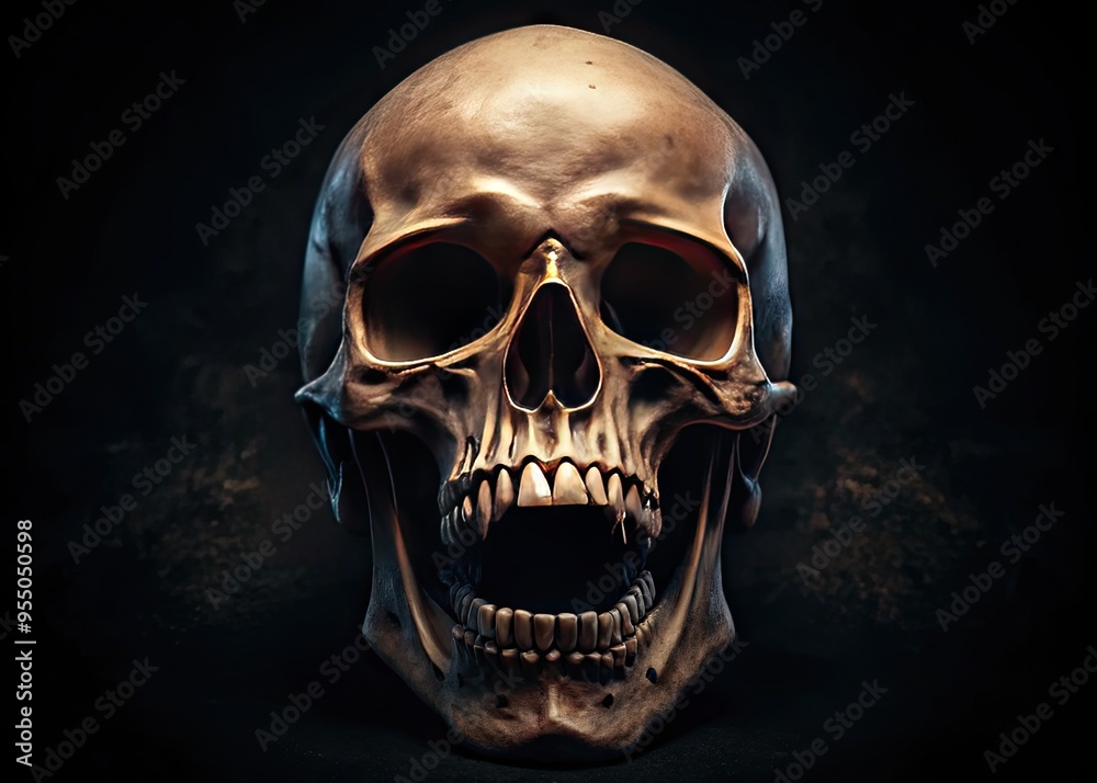 Fototapeta premium A Frightening Image Of A Skull With Its Mouth Open, Revealing Sharp Teeth And A Dark Void Within.