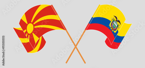 Crossed and waving flags of North Macedonia and Republic of Ecuador