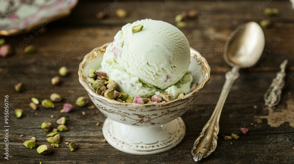 A scoop of pistachio ice cream in a vintage bowl with scattered nuts. A scoop of pistachio ice cream in a vintage bowl with scattered nuts.