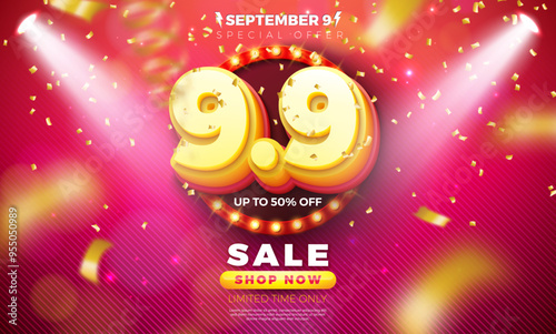 9 September Shopping Day Flash Sale Design with 3d 9.9 Number and Light Bulb Billboard on Red Background. Vector Special Offer 50 Percent Off Campaign Discount Illustration for Coupon, Voucher, Banner
