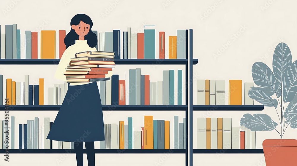 Modern Vector Illustration of Librarian with Books and Library Index in Minimalistic Style Modern Vector Illustration of Librarian with Books and Library Index in Minimalistic Style