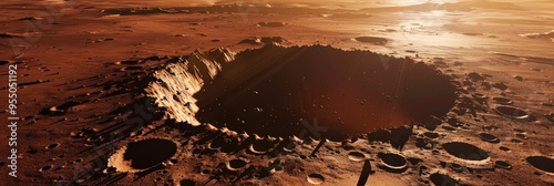 Crater on Mars: Detailed 3D Illustration of Astronomic Hole on Red Martian Landscape photo