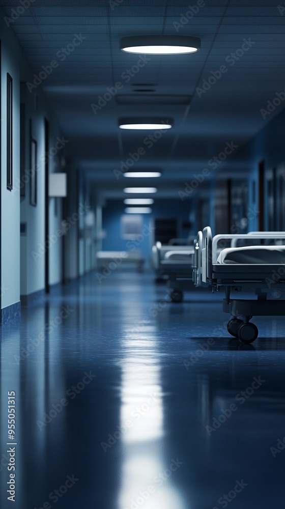 Eerie, dimly lit hospital corridor at night with empty beds lining the walls, creating an atmosphere of solitude and anticipation in healthcare setting. Eerie, dimly lit hospital corridor at night with empty beds lining the walls, creating an atmosphere of solitude and anticipation in healthcare setting.