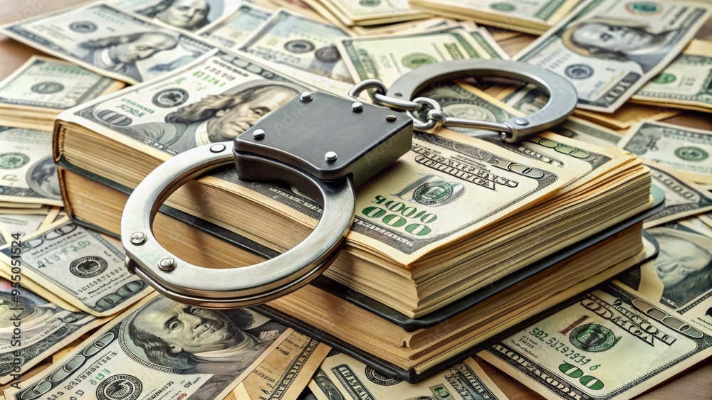 Handcuffs locked onto a pile of cash and a law book, symbolizing financial crimes, fraudulent activities, and legal consequences. Handcuffs locked onto a pile of cash and a law book, symbolizing financial crimes, fraudulent activities, and legal consequences.