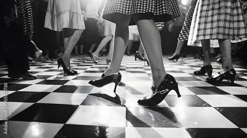 Retro 1950s Sock Hop Dance Party on Checkered Dancefloor with Poodle Skirts and Saddle Shoes photo