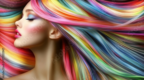 Vibrant rainbow-colored hair flows in mesmerizing waves, framing a serene face with closed eyes and pink lips, embodying the artistry of creative hairstyling.