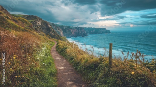 A quiet coastal path with a view of distant cliffs and the sea, representing peacefulness and solitude by the ocean.