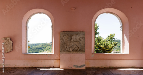 Venetian St Mark's Lion, Venetian Loggia, mountain village Oprtalj, Istria, Croatia photo