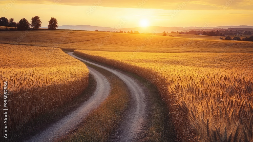 A quiet rural road winding through golden wheat fields at sunset, representing a calm countryside scene with no people. A quiet rural road winding through golden wheat fields at sunset, representing a calm countryside scene with no people.