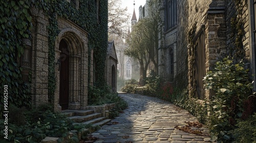 A quiet, narrow alleyway in an old town, with cobblestones and ivy-covered walls, suggesting history and solitude.