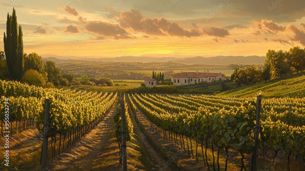 A quiet vineyard at sunset, with grapevines neatly arranged and a distant farmhouse, capturing the calm of the countryside A quiet vineyard at sunset, with grapevines neatly arranged and a distant farmhouse, capturing the calm of the countryside