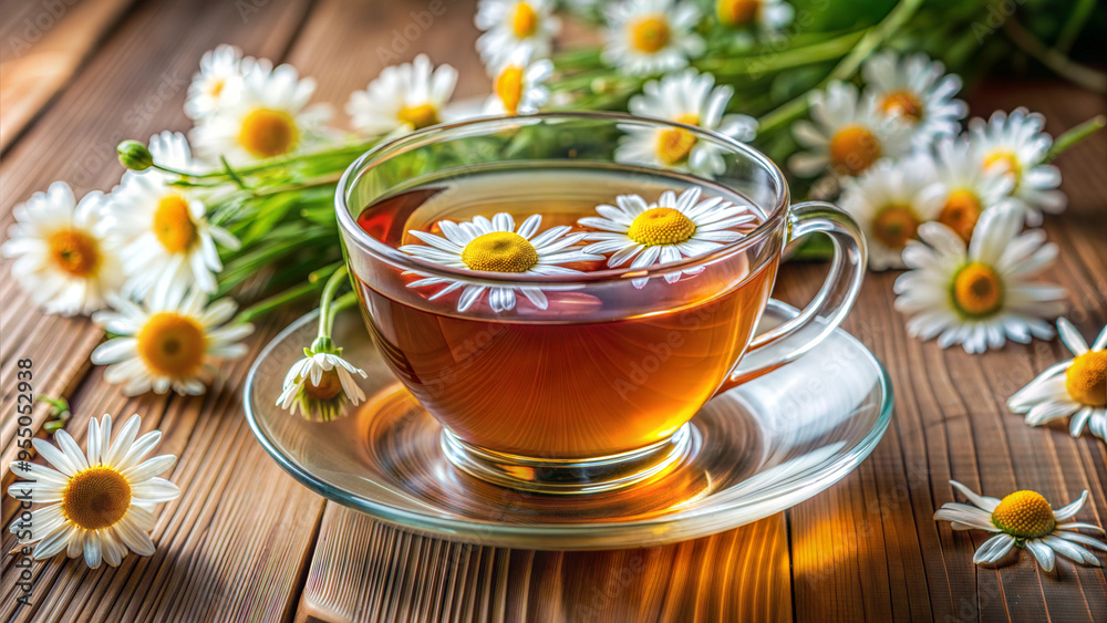 Glass cup of herbal tea with chamomile flowers on a wooden table background Glass cup of herbal tea with chamomile flowers on a wooden table background