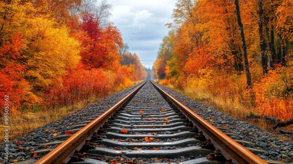 A railway track bordered by vibrant autumn trees, highlighting the seasonal beauty and changing landscapes. - A railway track bordered by vibrant autumn trees, highlighting the seasonal beauty and changing landscapes. -
