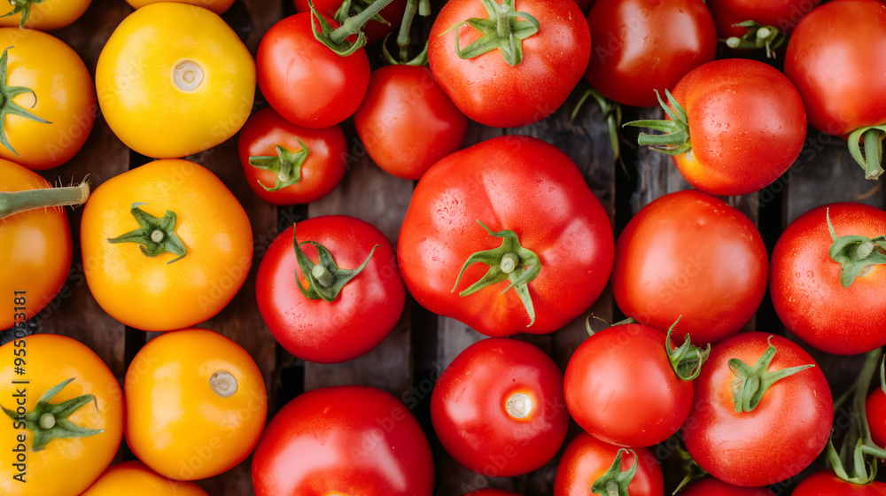 Overhead View of Tomatoes: Overhead View of Colorful Tomatoes in Red and Yellow Shades Overhead View of Tomatoes: Overhead View of Colorful Tomatoes in Red and Yellow Shades