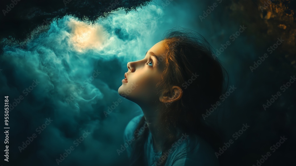 A young girl gazes upwards in a mystical, foggy cave illuminated by soft light during an enchanting adventure in nature A young girl gazes upwards in a mystical, foggy cave illuminated by soft light during an enchanting adventure in nature