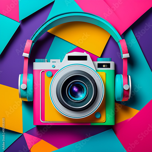 llustration of paper art camera with headphones on the abstract background.  photo