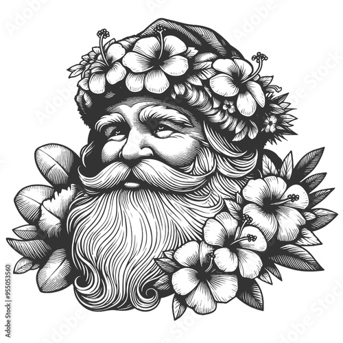 Santa Claus, surrounded by lei tropical flowers, Christmas with Hawaiian summer vibe sketch engraving generative ai vector illustration. Scratch board imitation. Black and white image.