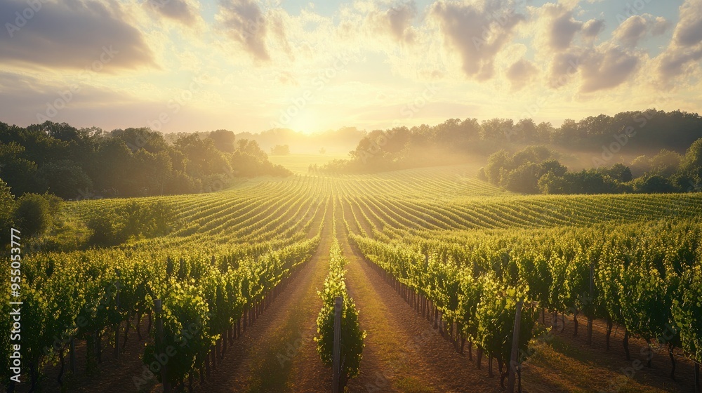 A scenic vineyard in early morning light, with rows of grapevines stretching to the horizon, illustrating the calm of rural life. A scenic vineyard in early morning light, with rows of grapevines stretching to the horizon, illustrating the calm of rural life.