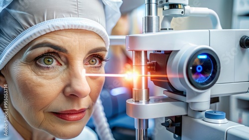 High-tech ophthalmic equipment zooms in on a patient's eye undergoing laser treatment for glaucoma, highlighting precise surgical incision and advanced medical technology. photo