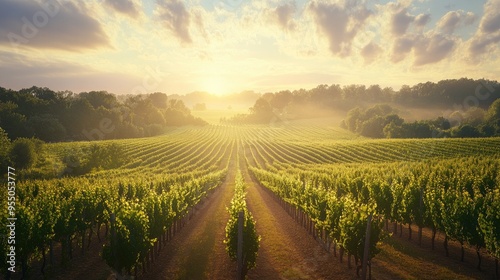 Wallpaper Mural A scenic vineyard in early morning light, with rows of grapevines stretching to the horizon, illustrating the calm of rural life. Torontodigital.ca