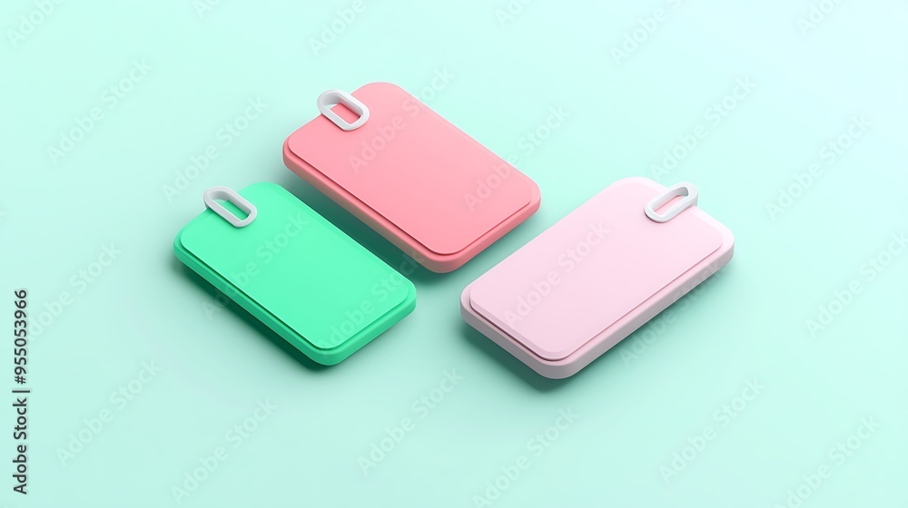 Simplistic 3D Digital Wallets Icon with Vibrant Price Tags on White Background in Soft Green and Pink Tones, Isometric View Simplistic 3D Digital Wallets Icon with Vibrant Price Tags on White Background in Soft Green and Pink Tones, Isometric View
