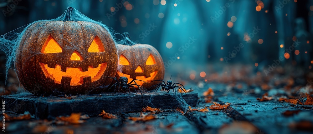 Carved Halloween pumpkins with spiders and cobwebs. Jack-o-lantern burning candles and autumn leaves on table at cemetery Carved Halloween pumpkins with spiders and cobwebs. Jack-o-lantern burning candles and autumn leaves on table at cemetery