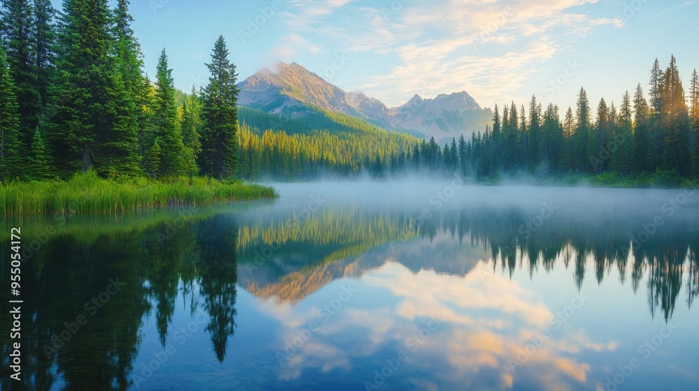 Obraz premium A serene mountain lake at dawn, with mist rising from the water and trees reflecting on the surface, evoking tranquility.