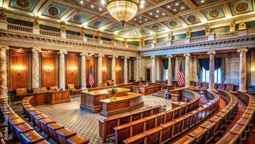 Historic congressional chamber with ornate details, marble columns, and wooden benches, illuminated by soft natural light, exuding national pride and legislative importance.